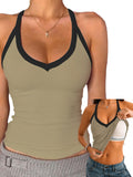 V Neck Cotton Tank Tops with Built-in Shelf Bra - Color Mix & Contrast