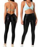 Danysu V-Back Scrunch Butt Leggings Stretch Faux Leather