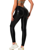 Danysu V-Back Scrunch Butt Leggings Stretch Faux Leather