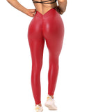 Danysu V-Back Scrunch Butt Leggings Stretch Faux Leather