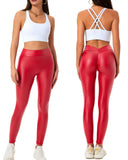 Danysu V-Back Scrunch Butt Leggings Stretch Faux Leather