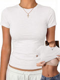 Womens Tops Short Sleeve Fitted Crop T Shirt with Built in Bra
