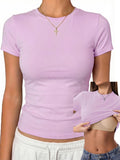 Womens Tops Short Sleeve Fitted Crop T Shirt with Built in Bra