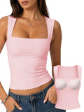 Padded Tank Tops Double Line Square Neck Fitted Basic Cami