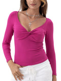 Danysu Women's Ribbed Long Sleeve Twist Front Top