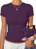 Womens Tops Short Sleeve Fitted Crop T Shirt with Built in Bra