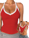 V Neck Cotton Tank Tops with Built-in Shelf Bra - Color Mix & Contrast