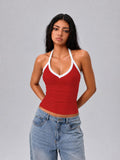 V Neck Cotton Tank Tops with Built-in Shelf Bra - Color Mix & Contrast
