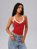 V Neck Cotton Tank Tops with Built-in Shelf Bra - Color Mix & Contrast