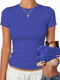 Womens Tops Short Sleeve Fitted Crop T Shirt with Built in Bra