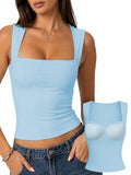 Padded Tank Tops Double Line Square Neck Fitted Basic Cami