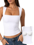 Padded Tank Tops Double Line Square Neck Fitted Basic Cami