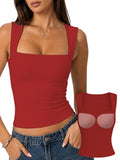 Padded Tank Tops Double Line Square Neck Fitted Basic Cami