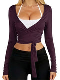 V Neck Ballet Wrap Tops for Women Pilates Outfits Long Sleeve Shirts
