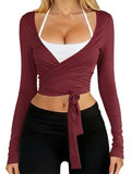 V Neck Ballet Wrap Tops for Women Pilates Outfits Long Sleeve Shirts