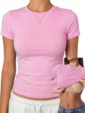 Womens Tops Short Sleeve Fitted Crop T Shirt with Built in Bra