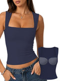 Padded Tank Tops Double Line Square Neck Fitted Basic Cami