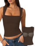 Padded Tank Tops Double Line Square Neck Fitted Basic Cami