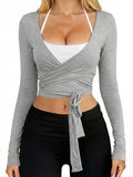 V Neck Ballet Wrap Tops for Women Pilates Outfits Long Sleeve Shirts