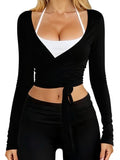 V Neck Ballet Wrap Tops for Women Pilates Outfits Long Sleeve Shirts