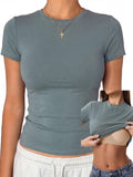 Womens Tops Short Sleeve Fitted Crop T Shirt with Built in Bra