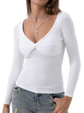 Danysu Women's Ribbed Long Sleeve Twist Front Top