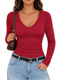 Long Sleeve V Neck Ribbed Shirt